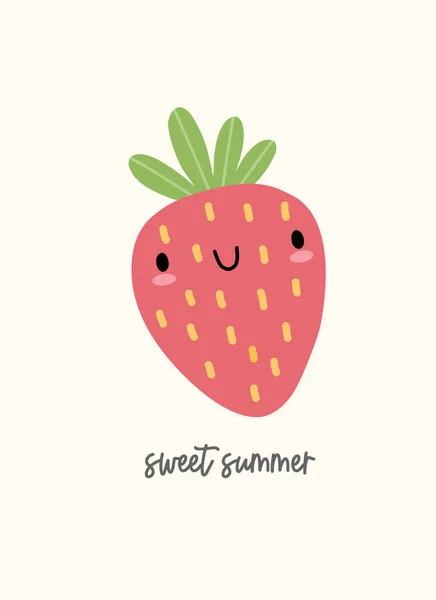 Cute Kawaii Summer Fruit Strawberry Card Kids Cartoon Character Vector — Vettoriale Stock