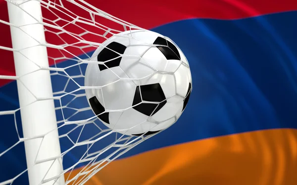 Armenia ondeando bandera y pelota de fútbol en la red de gol —  Fotos de Stock