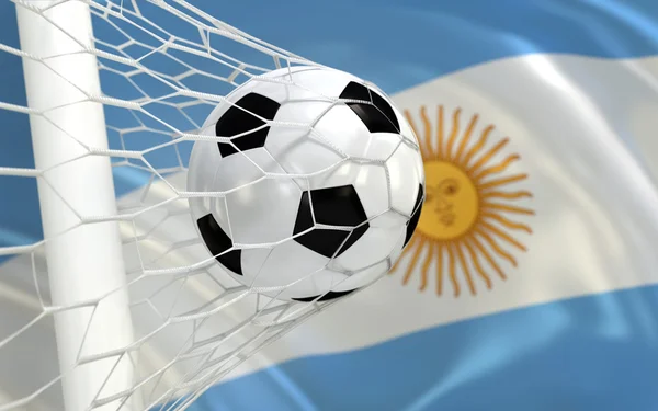 Bandera Argentina ondeando y pelota de fútbol en la red de goles —  Fotos de Stock