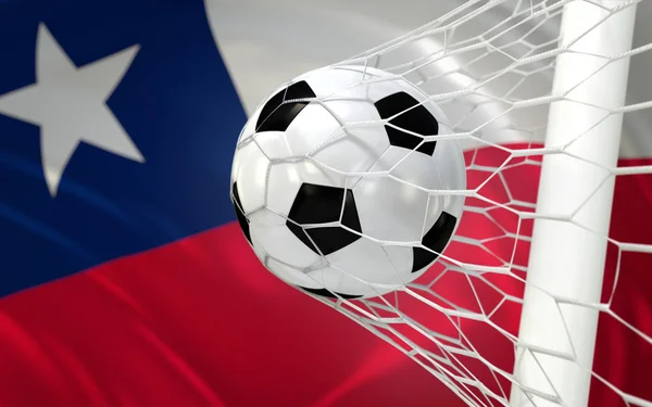 Chili schwenkt Fahne und Fußball im Tornetz — Stockfoto