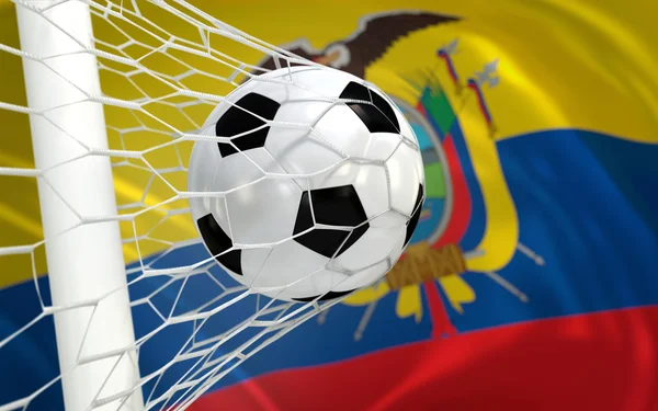 Equateur agitant le drapeau et le ballon de football dans le filet de but — Photo