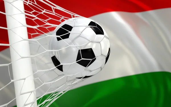 Hungary waving flag and soccer ball in goal net — Stock Photo, Image