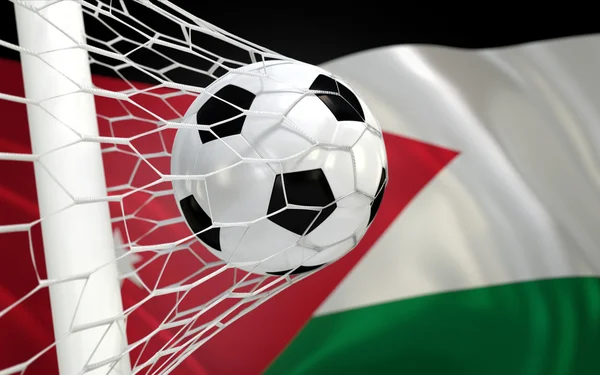 Jordania ondeando bandera y pelota de fútbol en la red de gol — Foto de Stock