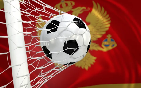 Montenegro ondeando bandera y pelota de fútbol en la red de gol —  Fotos de Stock