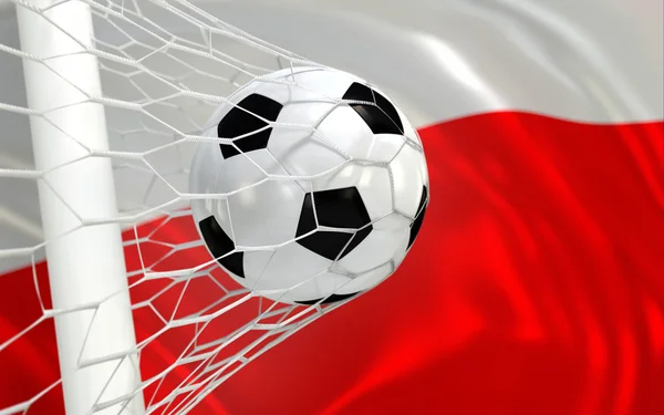 Pologne agitant drapeau et ballon de football dans le filet de but — Photo