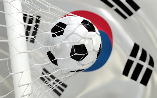 Südkorea schwenkt Fahne und Fußball im Tornetz — Stockfoto