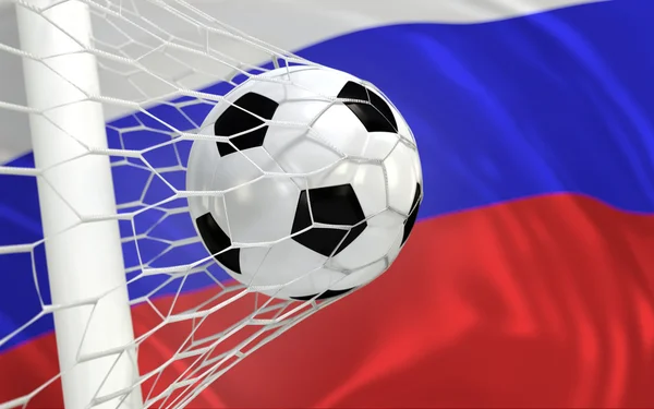 Rusland zwaaien vlag en voetbal bal in doel netto — Stockfoto