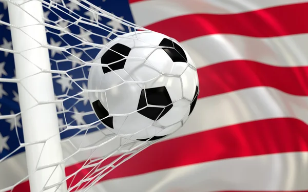 USA schwenken Fahne und Fußball im Tornetz — Stockfoto