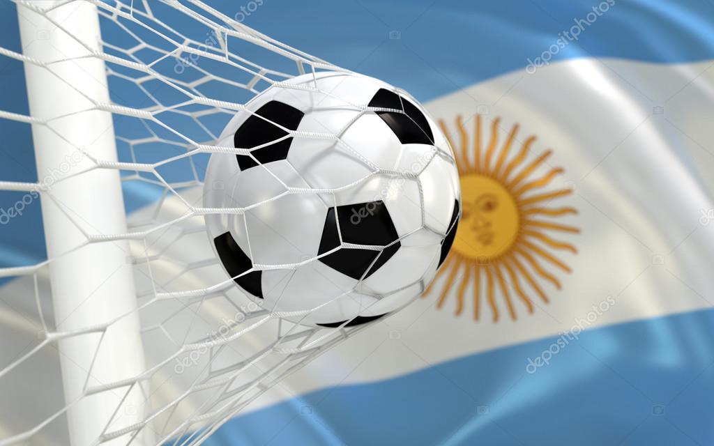 Argentina waving flag and soccer ball in goal net