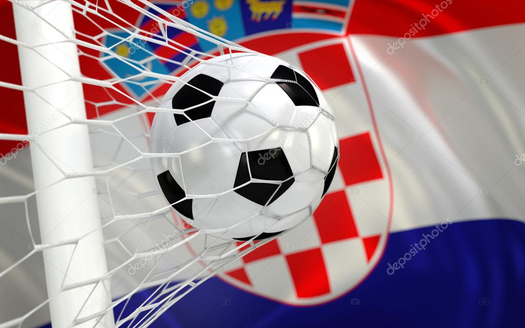 Croatia waving flag and soccer ball in goal net
