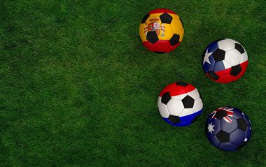 Futbol topları ile İspanya, Avustralya, Hollanda, Şili Bayrakları