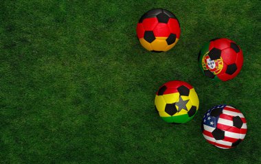 Futbol topları ile Almanya, Portekiz, Türkiye, Amerika Birleşik Devletleri bayrakları
