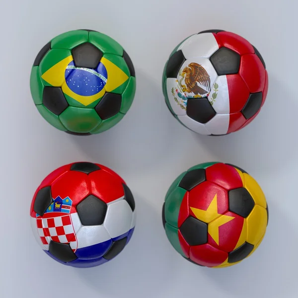 Futball-labdák, zászlókkal, Brazília, Mexikó. Kamerun, Horvátország — Stock Fotó