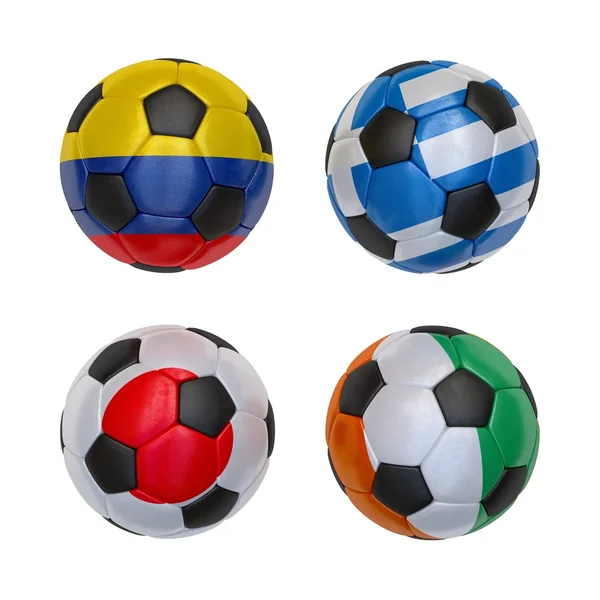 Voetballen met vlaggen van Griekenland, Japan, Ivoorkust, Colombia — Stockfoto