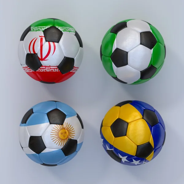 Fußballbälle mit Fahnen von Bosnien, Argentinien, Iran, Nigeria — Stockfoto