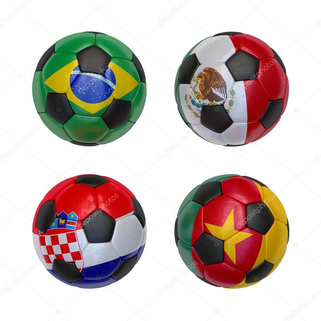 Soccer balls with flags of Brazil, Mexico. Cameroon, Croatia