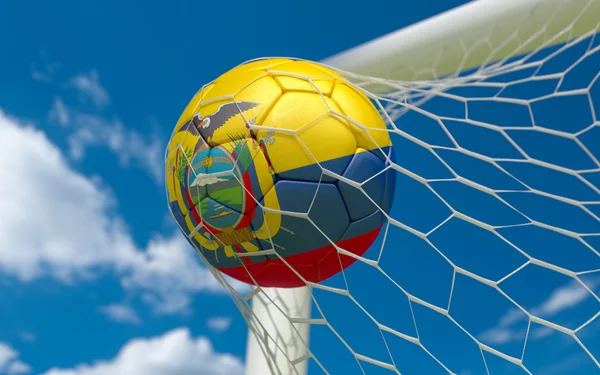 Ecuador flag and soccer ball in goal net — Stock Photo, Image