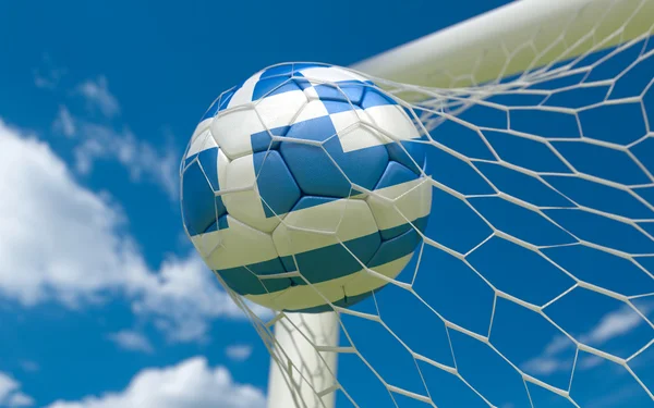 Greece flag and soccer ball in goal net — Stock Photo, Image