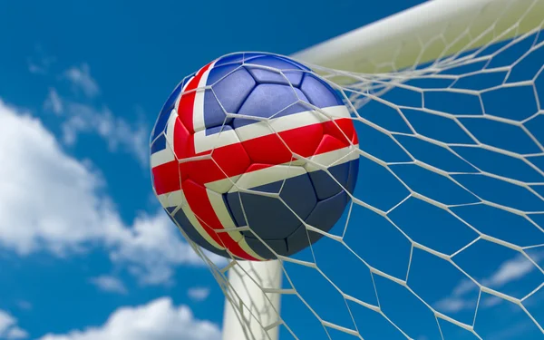 Iceland flag and soccer ball in goal net — Stock Photo, Image