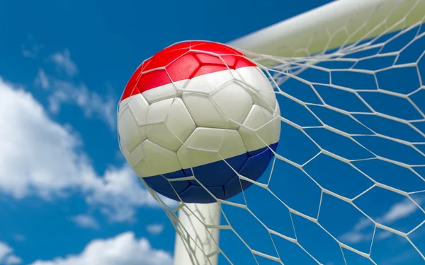 Hollanda bayrağı ve futbol topu kalede net — Stok fotoğraf