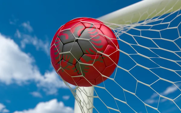 Bandera de Albania y pelota de fútbol en la red de goles —  Fotos de Stock