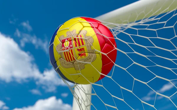 Flag of Andorra and soccer ball in goal net — Stock Photo, Image