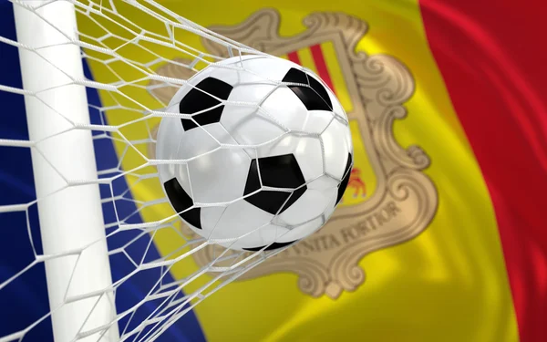 लक्ष्य नेट में एंडोरा और फुटबॉल गेंद का ध्वज — स्टॉक फ़ोटो, इमेज