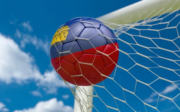 लक्ष्य नेट में लिफ्टिनस्टीन और फुटबॉल गेंद का ध्वज — स्टॉक फ़ोटो, इमेज