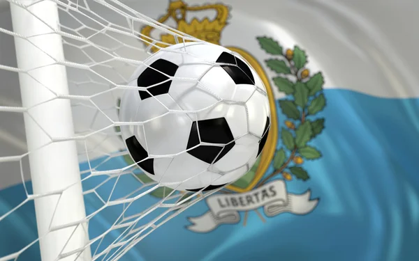 Bandera de San Marino y pelota de fútbol en la red de goles —  Fotos de Stock