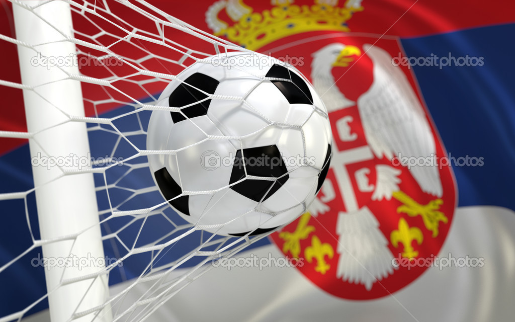 Flag of Serbia and soccer ball in goal net — Stock Photo © Barbra_Ford