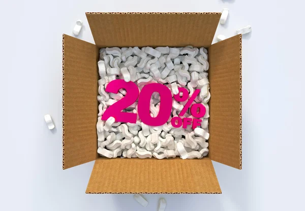 Box with shipping peanuts and 20 percent off sign — Stock Photo, Image