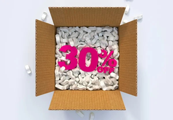 Box with shipping peanuts and 30 percent off sign — Stock Photo, Image