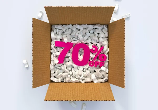 Box with shipping peanuts and 70 percent off sign — Stock Photo, Image