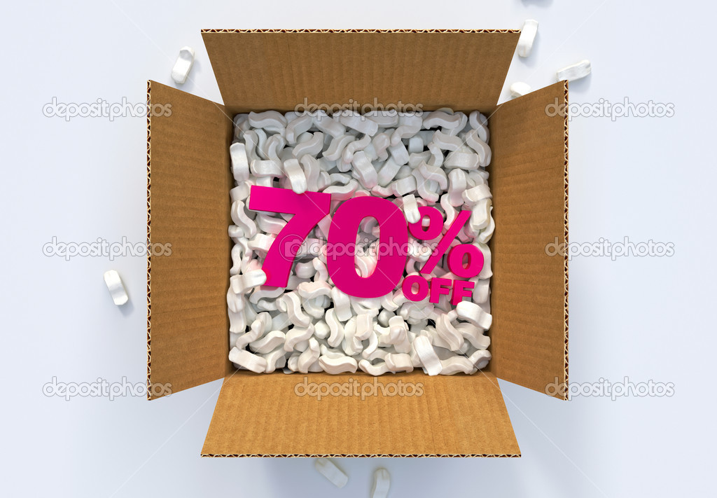 Box with shipping peanuts and 70 percent off sign