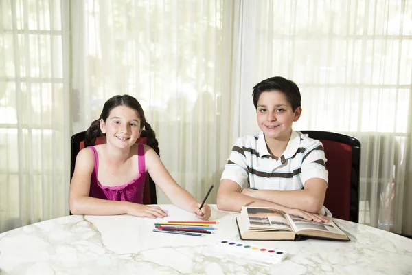 Hermano y hermana haciendo su tarea — Foto de Stock