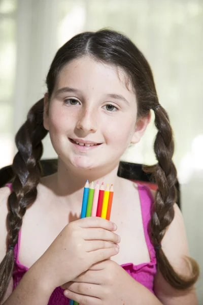 Young Girl Holding Colored Pencils — Stock Photo, Image