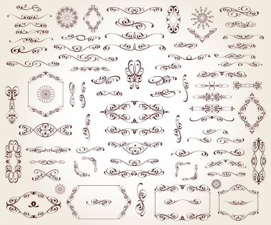 Tasarım için düzenlenebilir çiçek dekoratif elementler. Vignettler, çerçeve, süsleme, köşeler, sınırlar, bölücüler.