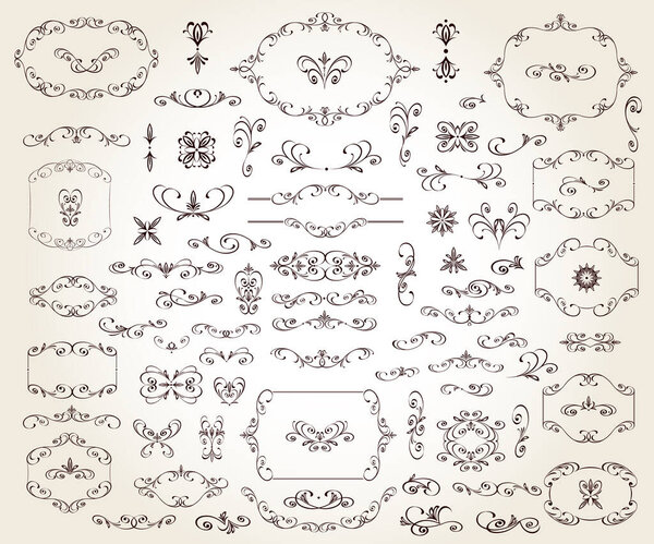 Set of floral decorative elements for design isolated, editable. Vignettes, framework, ornate, borders,dividers .