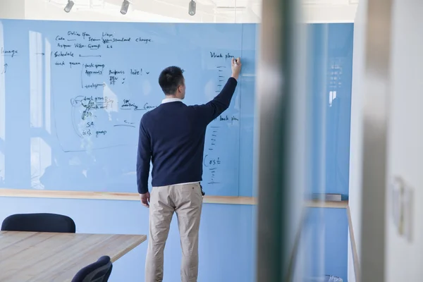 Empresario escribiendo notas en el tablero de cristal — Foto de Stock