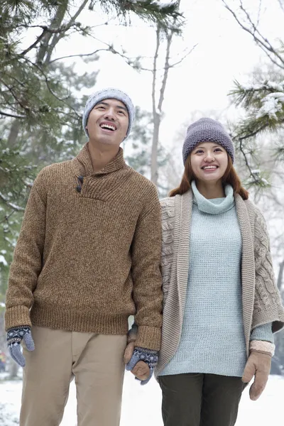 Пара улыбающихся в парке зимой — стоковое фото