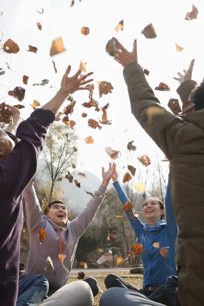 群年轻人投掷的叶子 — 图库照片