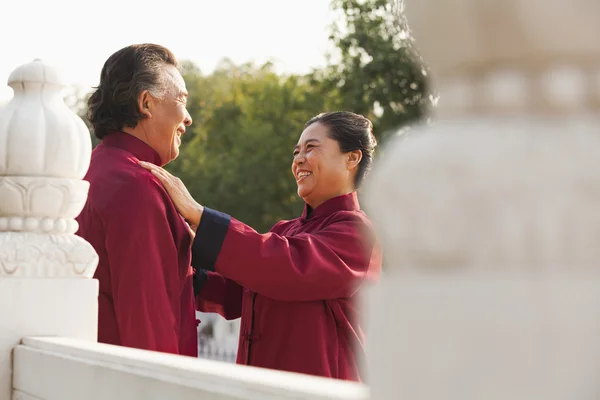 Dwóch seniorów praktykujących taijiquan w Pekinie — Zdjęcie stockowe