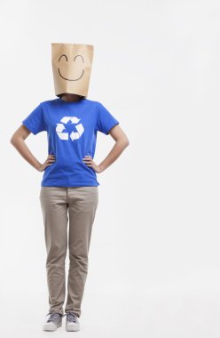 Woman with smiley face paper bag over her head clipart