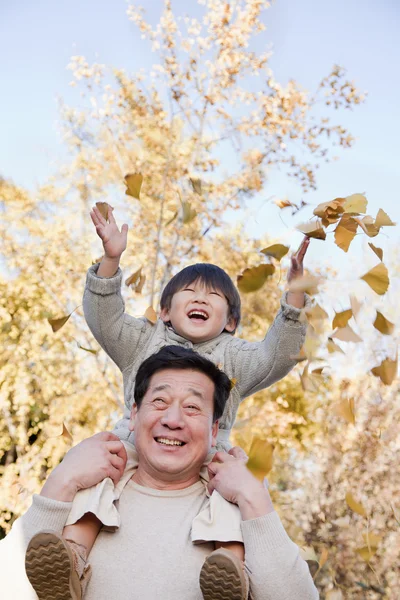 Avô e neto brincando no parque — Fotografia de Stock