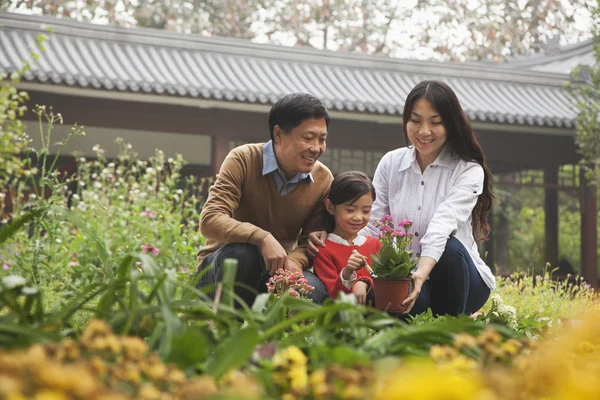 Lycklig familj i trädgården — Stockfoto