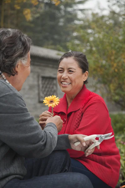 Lyckliga äldre par med blomma — Stockfoto