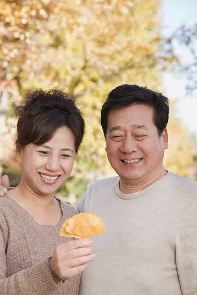 Mature Couple Looking at the Leaf in the Park — Stock Photo, Image