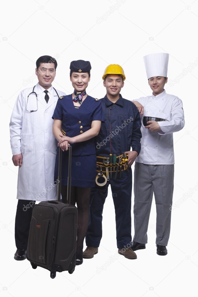 Portrait of Doctor, Air Stewardess, Construction Worker, and Chef- Studio Shot