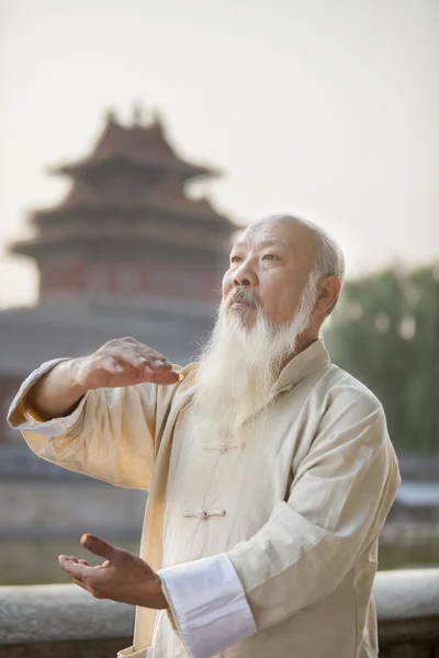 Älterer Mann praktiziert Tai Ji — Stockfoto