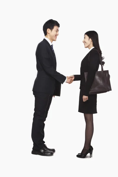 Бизнесмен и деловая женщина пожимают друг другу руки — стоковое фото